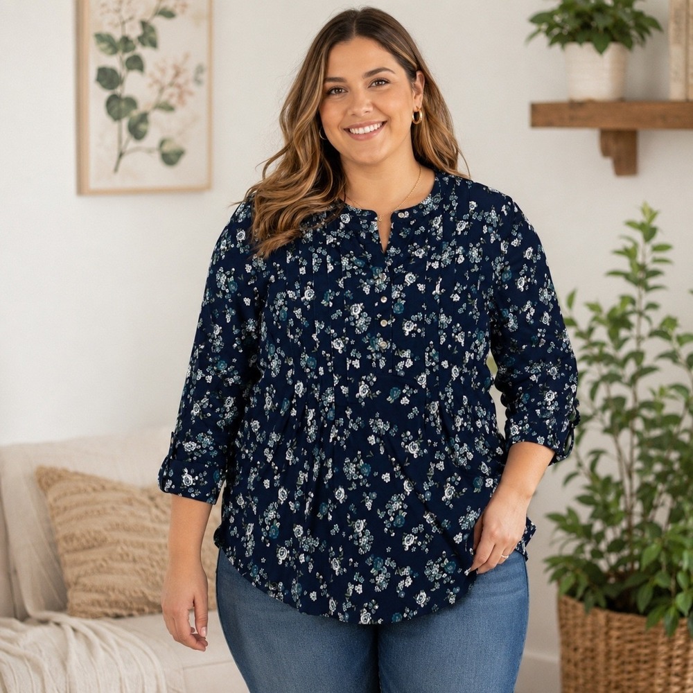 Wonderly Womens Navy Blue Floral Pintuck 3/4 Roll Tab Sleeve Blouse Size L boho